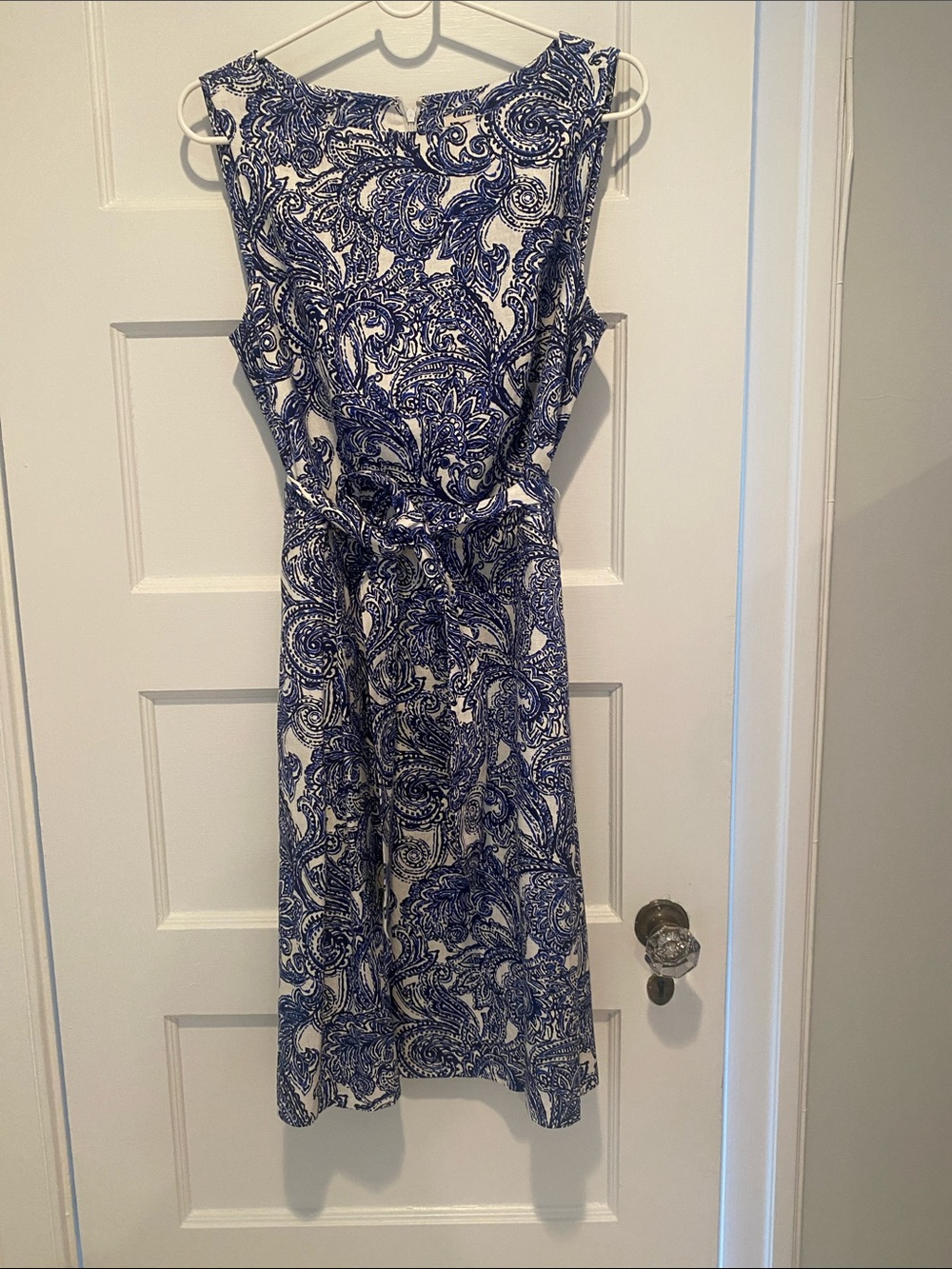 Anne Klein Navy and White Paisley Tie-Waist Midi Dress